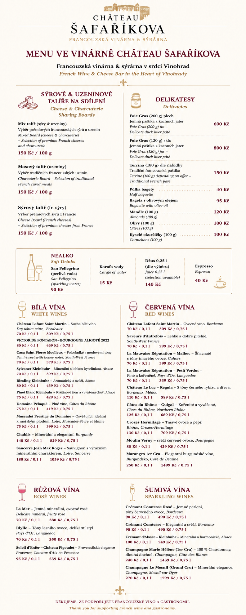 Menu v francouzské vinarně Chateau Šafařikova